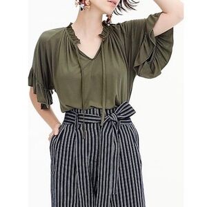 J. Crew Ruffle-Trimmed Tie-Neck T-shirt Olive Green Size Small